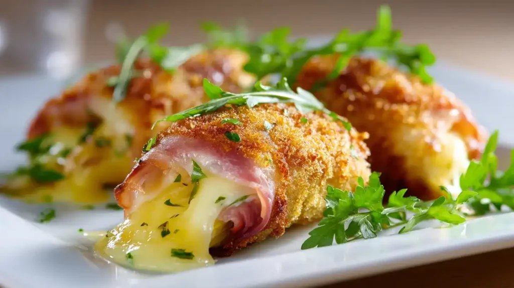Nahaufnahme von Spargel Cordon Bleu Röllchen, geschmolzener Käse und knusprige Panade, serviert mit Kresse