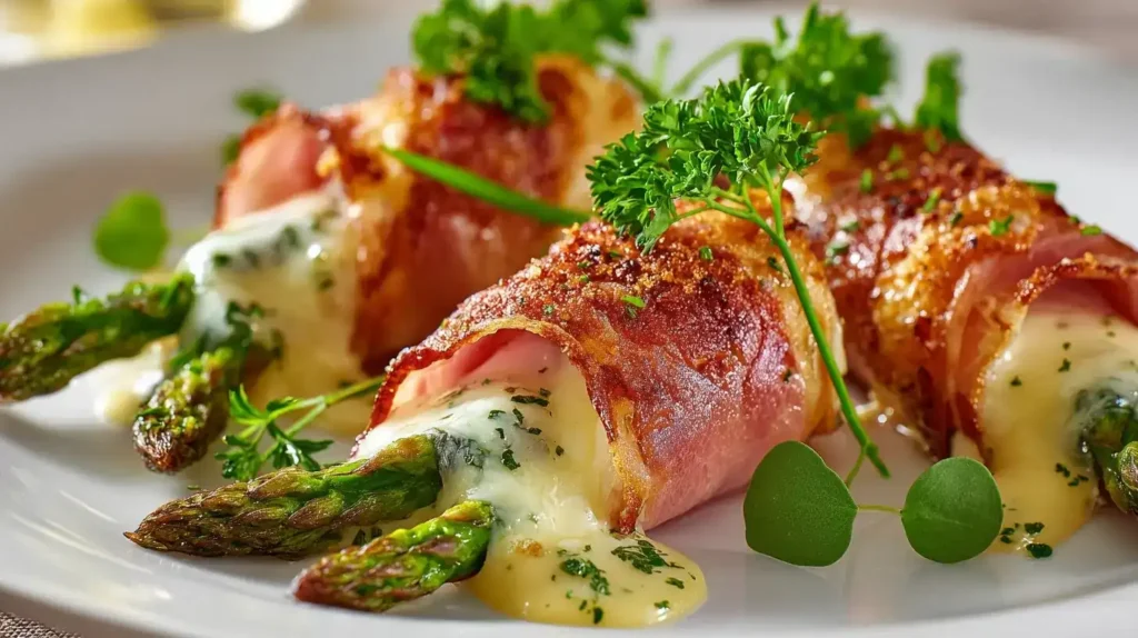 Spargel Cordon Bleu Röllchen auf weißem Teller, knusprig gebraten, mit Käse und Schinken, garniert mit frischer Petersilie