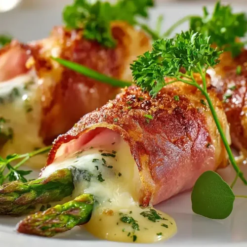 Spargel Cordon Bleu Röllchen auf weißem Teller, knusprig gebraten, mit Käse und Schinken, garniert mit frischer Petersilie