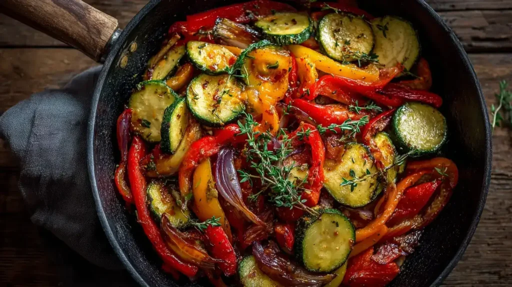 Bunte Gemüsepfanne mit Paprika, Zucchini und Möhren, perfekt für Familienessen