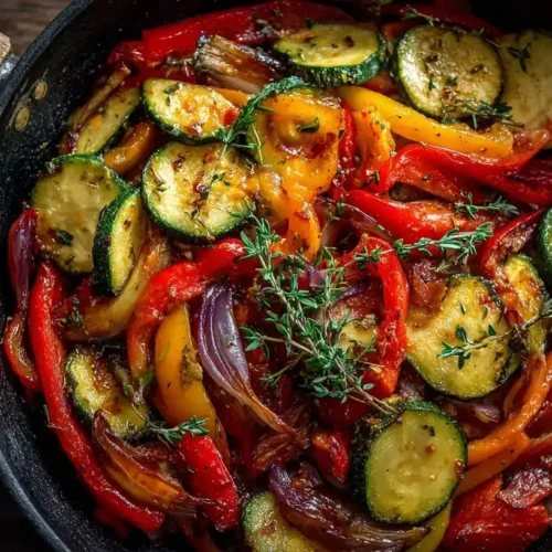 Bunte Gemüsepfanne mit Paprika, Zucchini und Möhren, perfekt für Familienessen