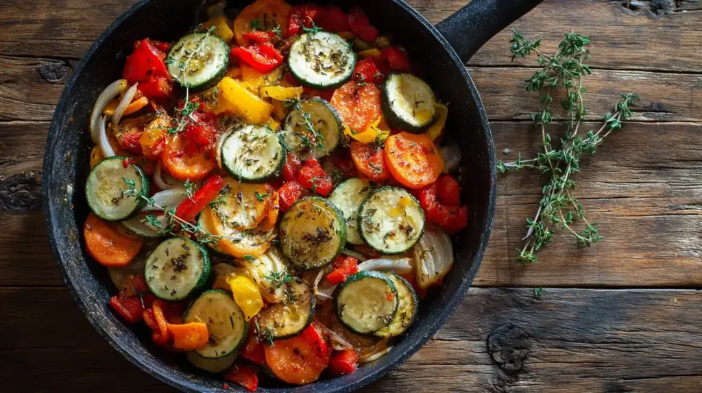 Gemüsepfanne mit Feta-Topping, frischem Thymian und karamellisiertem Gemüse