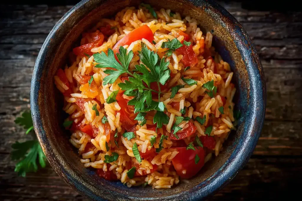 Griechischer Tomatenreis – Schnell & Einfach Griechischer Tomatenreis in rustikaler Schüssel, garniert mit frischer Petersilie