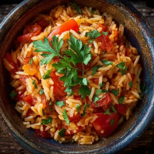 Griechischer Tomatenreis in rustikaler Schüssel, garniert mit frischer Petersilie