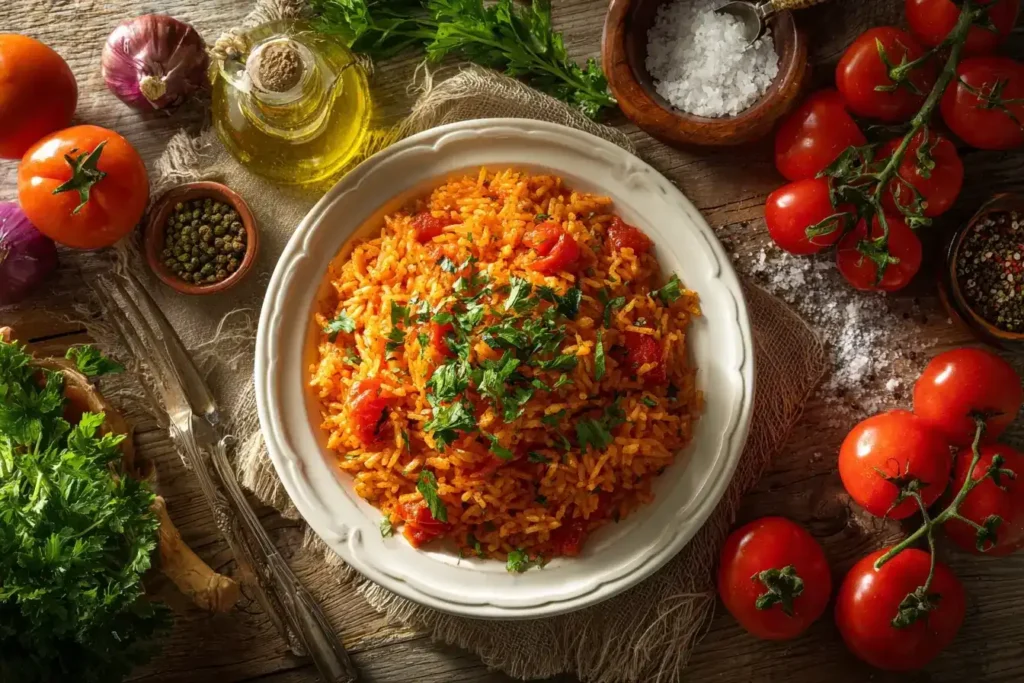Griechischer Tomatenreis mit Tomaten, Reis und Kräutern künstlerisch rundherum arrangiert