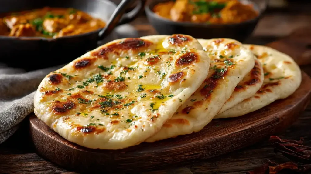 Naan-Brot – Indisches Fladenbrot zum Verlieben Hausgemachtes Naan-Brot, goldbraun aus der Pfanne, mit geschmolzener Butter bestrichen