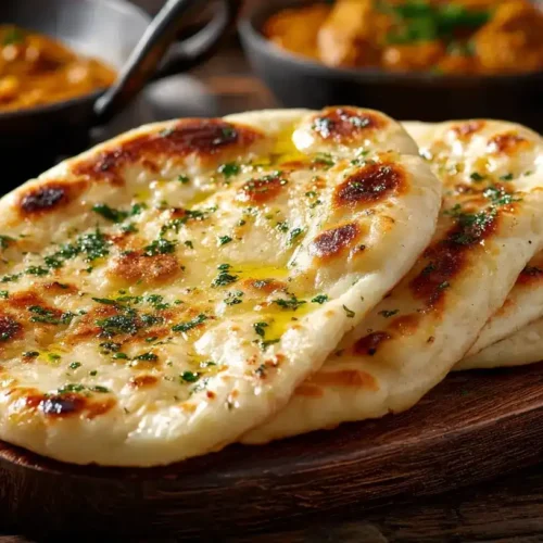 Hausgemachtes Naan-Brot, goldbraun aus der Pfanne, mit geschmolzener Butter bestrichen