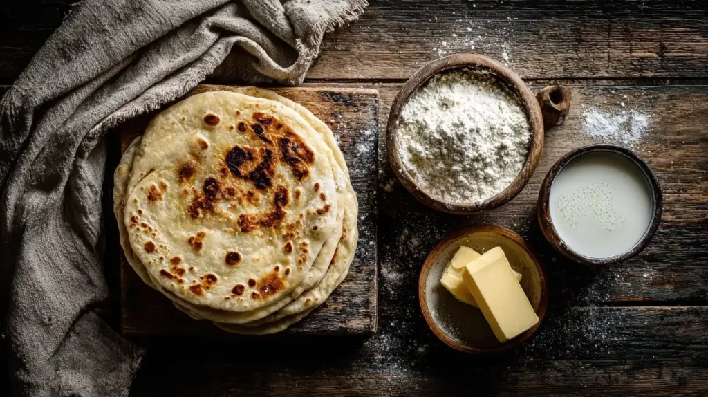 naan-brot-zutaten-flatlay.jpg (für die Kompositionsaufnahme: Naan in der Mitte