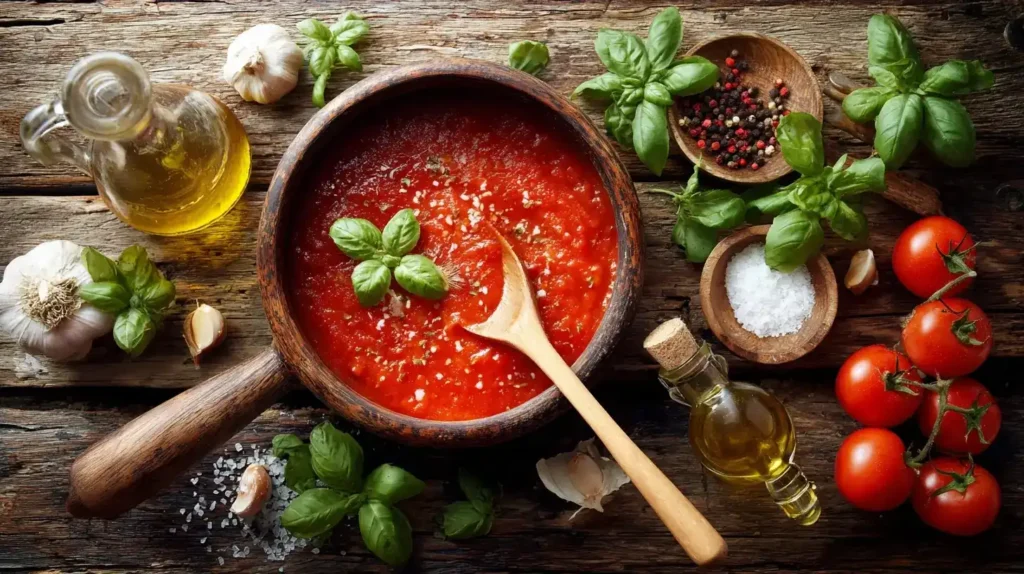 Hausgemachte Tomatensoße in Topf mit frischem Basilikum und Spaghetti