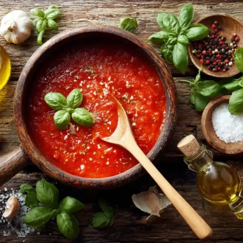 Hausgemachte Tomatensoße in Topf mit frischem Basilikum und Spaghetti