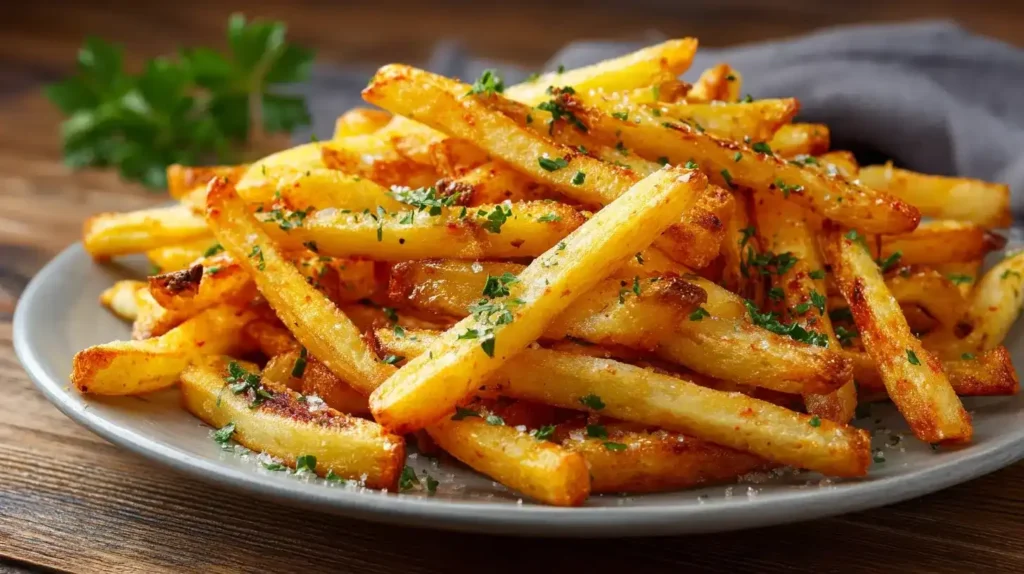 Knusprige goldbraune Ofenpommes frisch aus dem Ofen