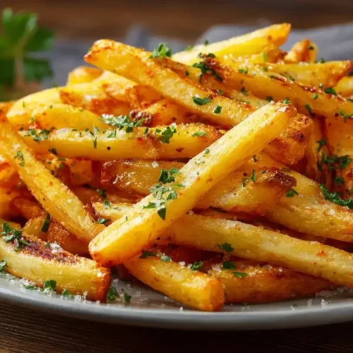 Knusprige goldbraune Ofenpommes frisch aus dem Ofen