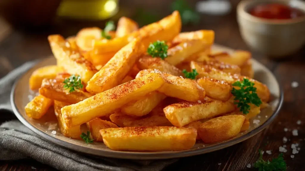 Ofenpommes auf Teller serviert, ideal für Familien
