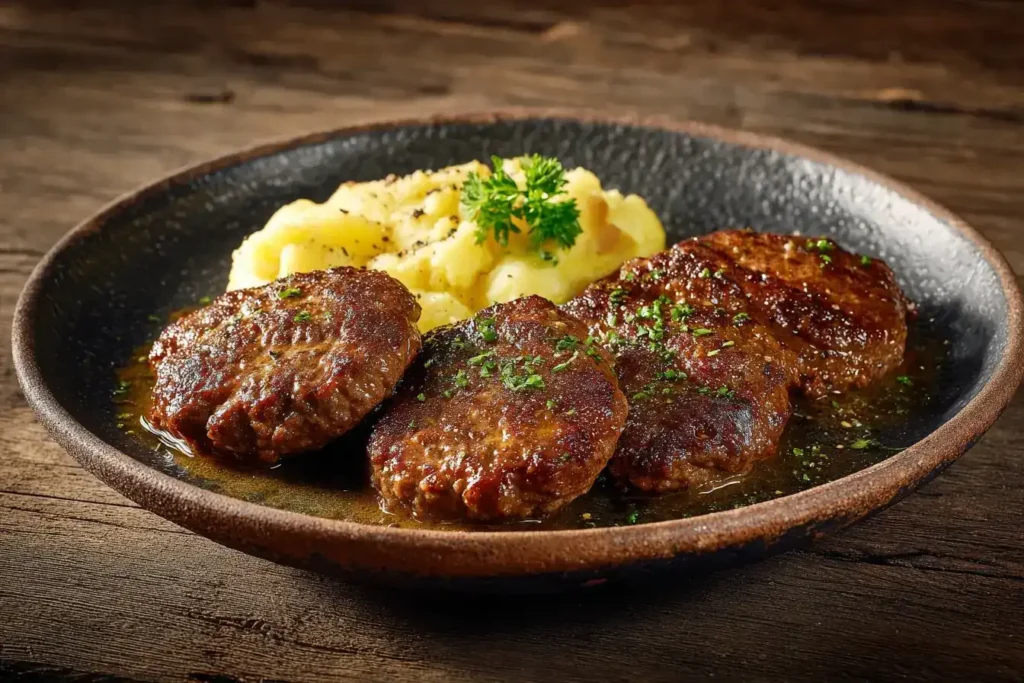 Einfache Rinderfrikadellen von Mama Einfache Rinderfrikadellen von Mama, goldbraun gebraten auf Teller