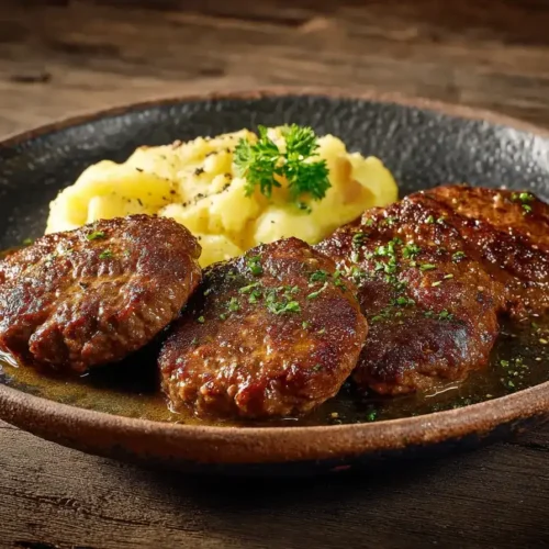 Einfache Rinderfrikadellen von Mama, goldbraun gebraten auf Teller