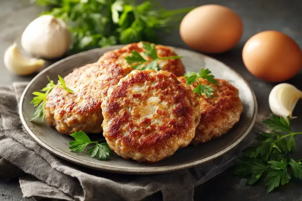 Rinderfrikadellen von Mama in der Mitte, mit Ei, Zwiebeln und Petersilie rundherum