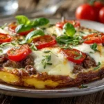 Herzhafter Pfannkuchen aus dem Ofen mit Mozzarella, Hackfleisch und Tomaten