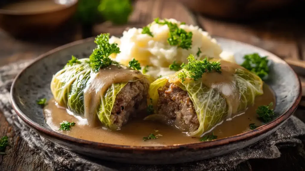 Kohlrouladen mit Hackfleisch – Klassisch & einfach lecker Kohlrouladen mit Hackfleisch in cremiger Bratensauce, serviert mit Kartoffelpüree und Petersilie auf rustikalem Teller