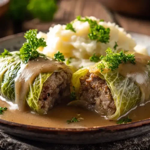 Kohlrouladen mit Hackfleisch in cremiger Bratensauce, serviert mit Kartoffelpüree und Petersilie auf rustikalem Teller