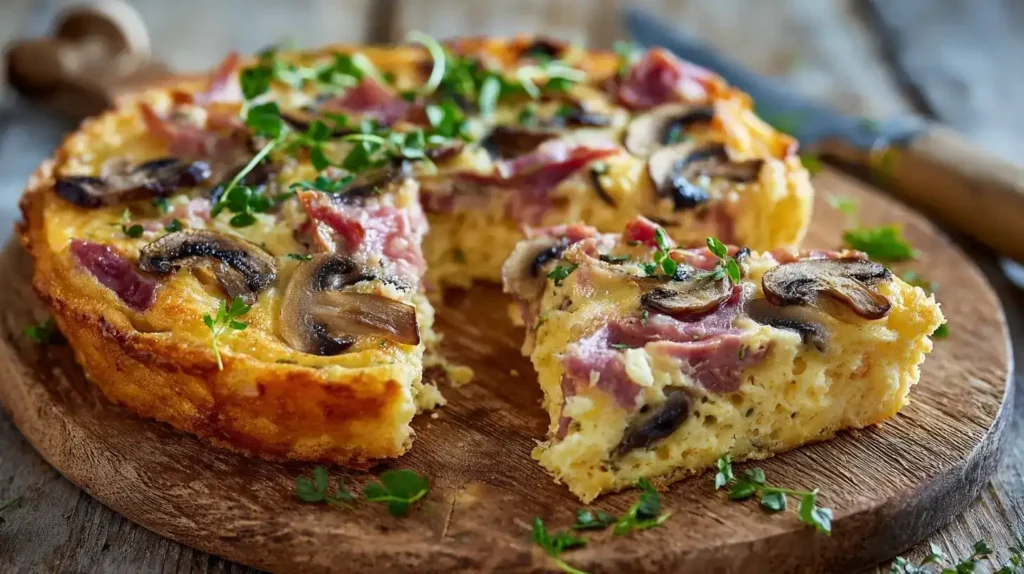 Pizzakuchen in Springform mit Käse, Salami und Champignons, goldbraun, servierbereit auf Holztisch