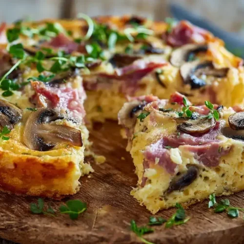 Pizzakuchen in Springform mit Käse, Salami und Champignons, goldbraun, servierbereit auf Holztisch