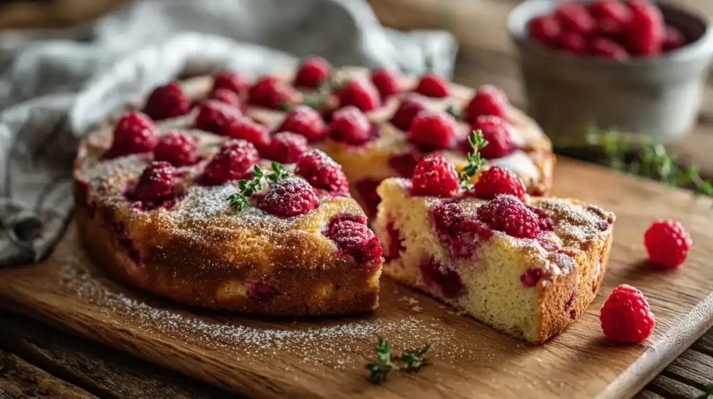 Saftiger Himbeerkuchen mit Joghurt frisch gebacken auf einem Holzbrett