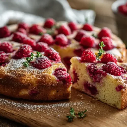 Saftiger Himbeerkuchen mit Joghurt frisch gebacken auf einem Holzbrett