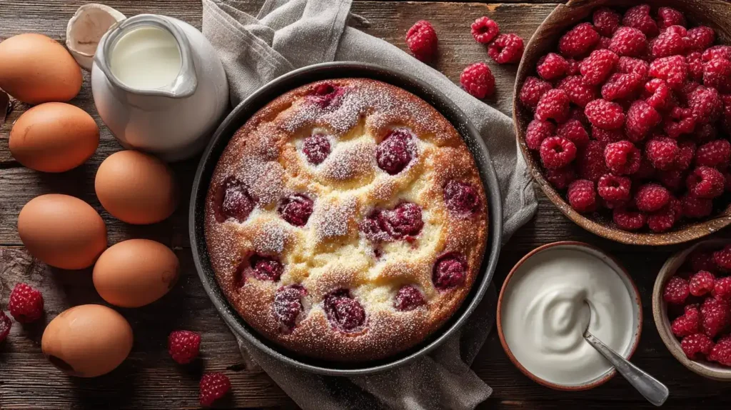 Portionierter Himbeerkuchen mit Joghurt, dekoriert mit Puderzucker und frischen Himbeeren