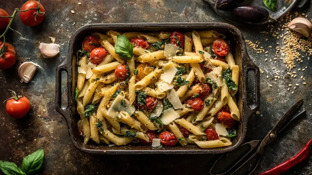 Detailaufnahme von Pasta mit gerösteten Kirschtomaten, Basilikum und Pecorino