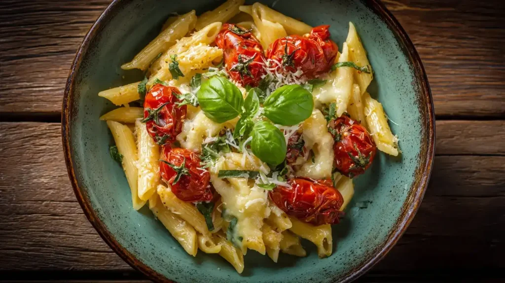 Pasta mit gegrillten Kirschtomaten und Käse auf Teller mit frischem Basilikum