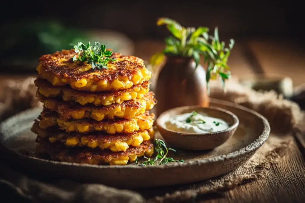 Knusprige goldbraune Maispuffer auf einem Teller, serviert mit Joghurt-Dip