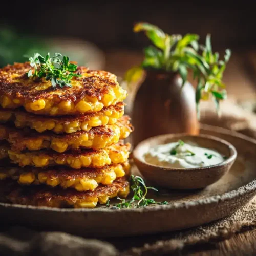 Knusprige goldbraune Maispuffer auf einem Teller, serviert mit Joghurt-Dip