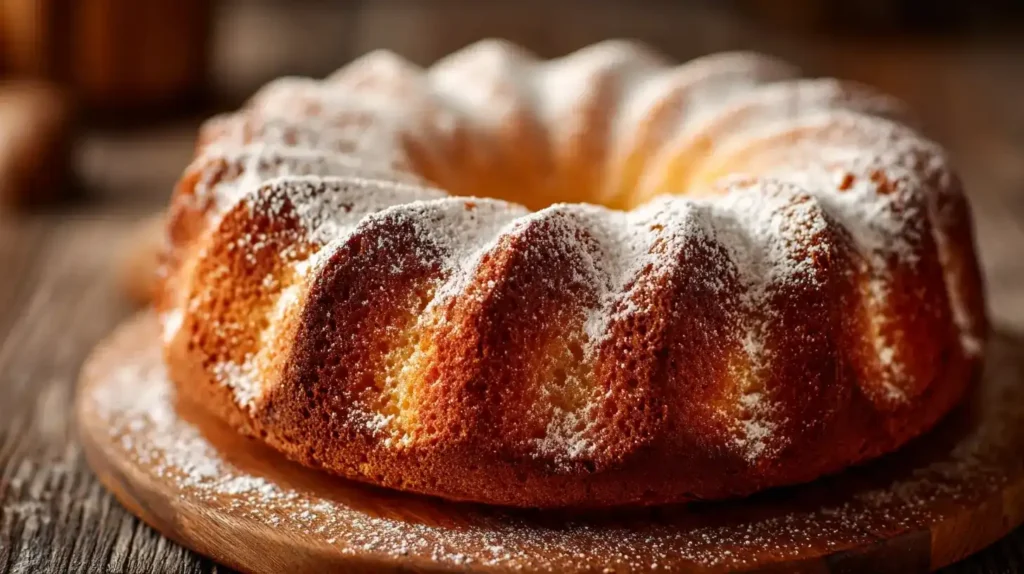 Saftiger Eierlikörkuchen in Gugelhupfform mit Puderzucker bestäubt