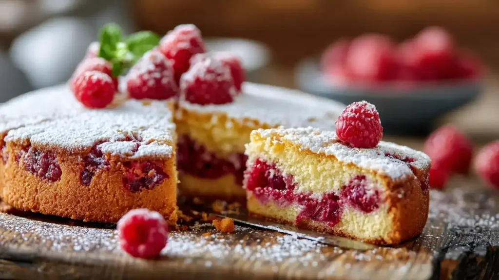 Ganzer Himbeerkuchen mit hauchdünner Baiserhaube, frisch gebacken und dekoriert