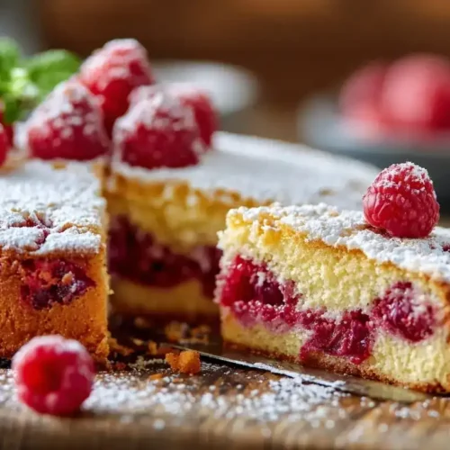 Ganzer Himbeerkuchen mit hauchdünner Baiserhaube, frisch gebacken und dekoriert
