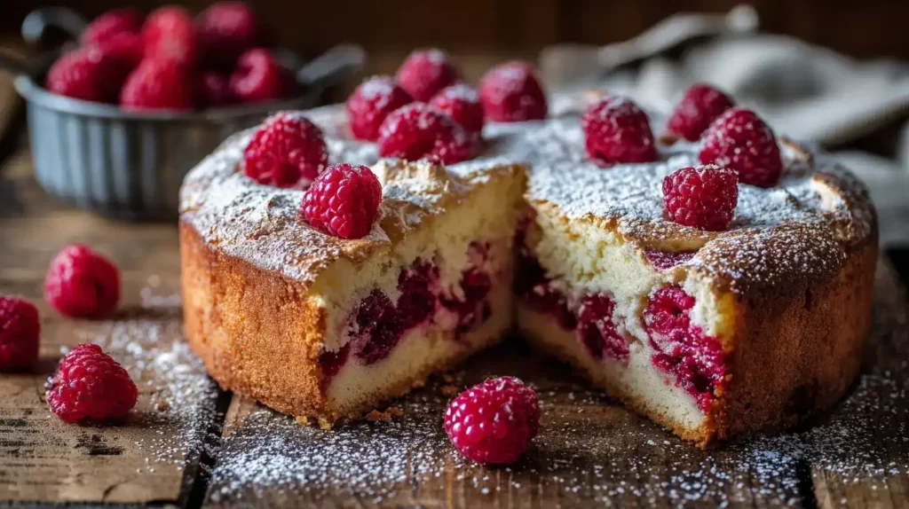 Nahaufnahme eines Stücks saftigen Himbeerkuchens mit Baiserhaube und frischen Himbeeren