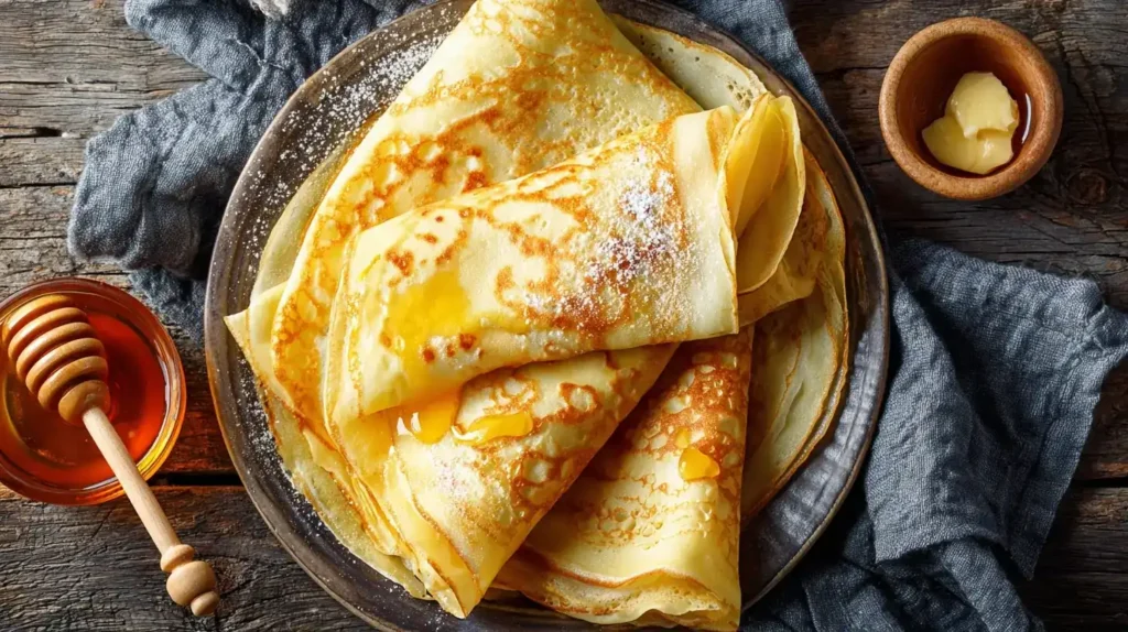 Fertiger Pfannkuchen auf Teller, golden und fluffig