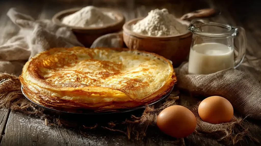 Pfannkuchen mit Mehl, Eiern und Milch, frische Zutaten