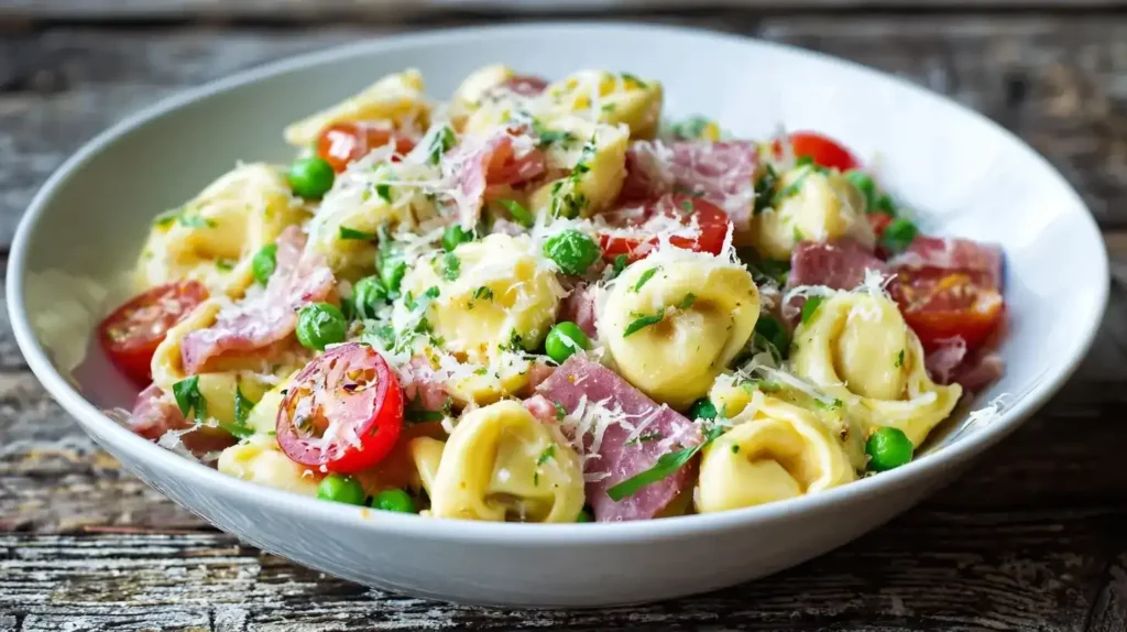 Cremiger Tortellini-Salat mit Schinken, Salami und Parmesan in Schüssel serviert