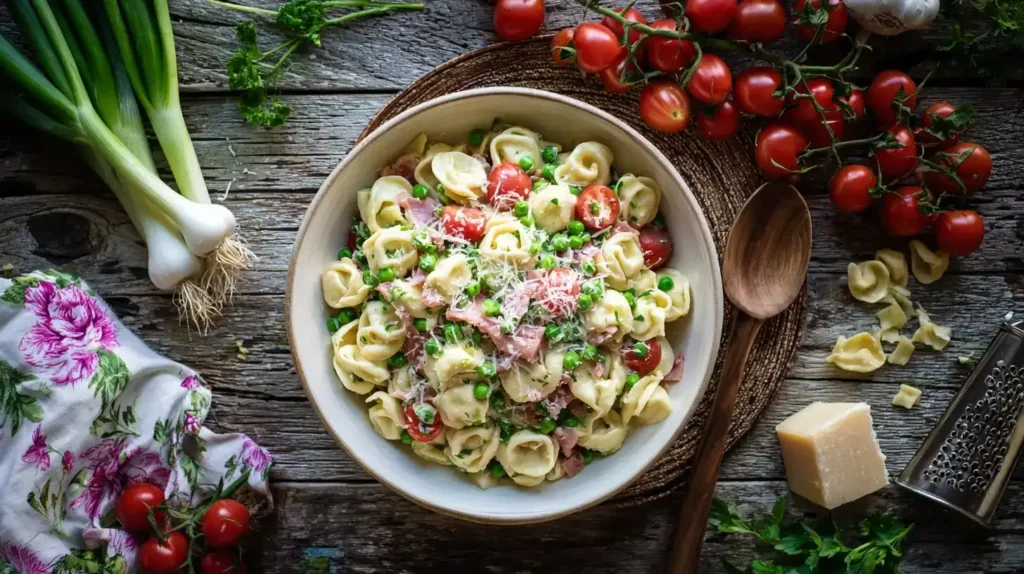 Zutaten und Zubereitungsschritte für schnellen Tortellini-Salat auf Holztisch
