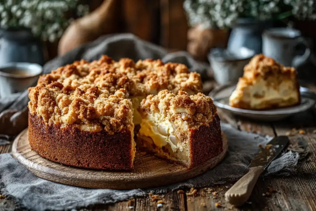 Apfelkuchen mit Pudding und Streuseln frisch gebacken auf Holzuntergrund