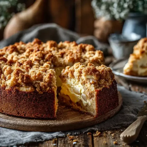 Apfelkuchen mit Pudding und Streuseln frisch gebacken auf Holzuntergrund