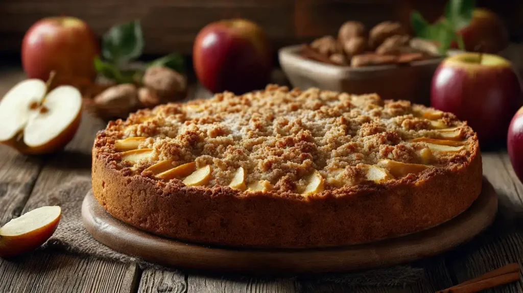 Apfelkuchen mit Streuseln auf Springform, goldbraune Streusel