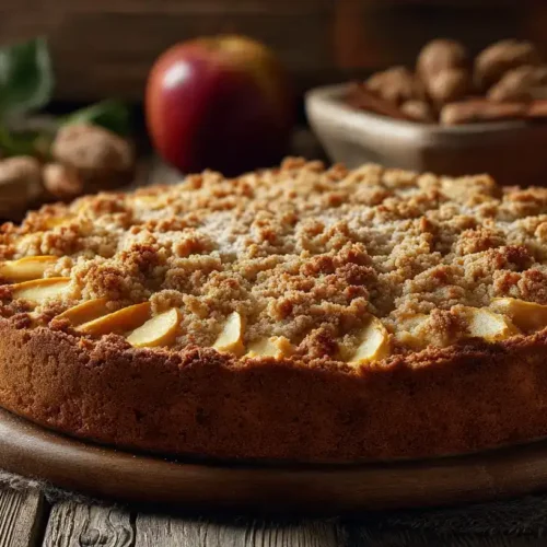 Apfelkuchen mit Streuseln auf Springform, goldbraune Streusel