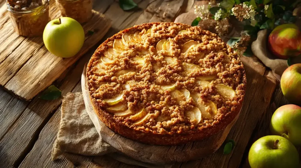 Detailaufnahme von Apfelkuchen mit knusprigen Streuseln