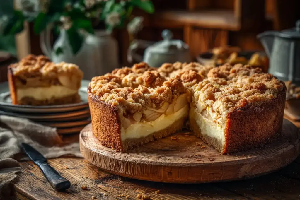 Ein Stück Apfelkuchen mit Pudding und süßen Streuseln auf Teller serviert