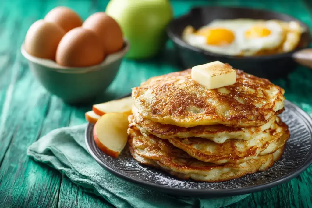 Apfelküchle Rezept mit Äpfeln, Mehl und Eiern auf Holztisch