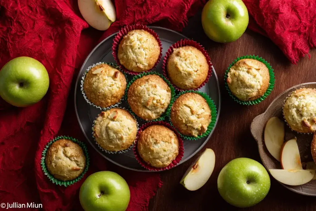 Apfelmuffin-Teig in Papierförmchen mit frischen Äpfeln und Schmand daneben