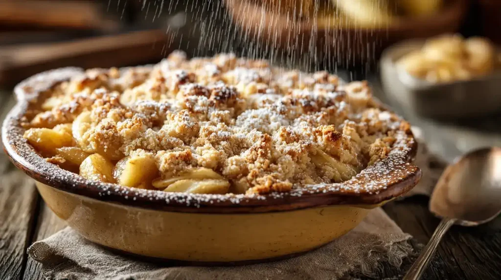 Apple Crumble frisch aus dem Ofen, knusprige Streusel, saftige Äpfel
