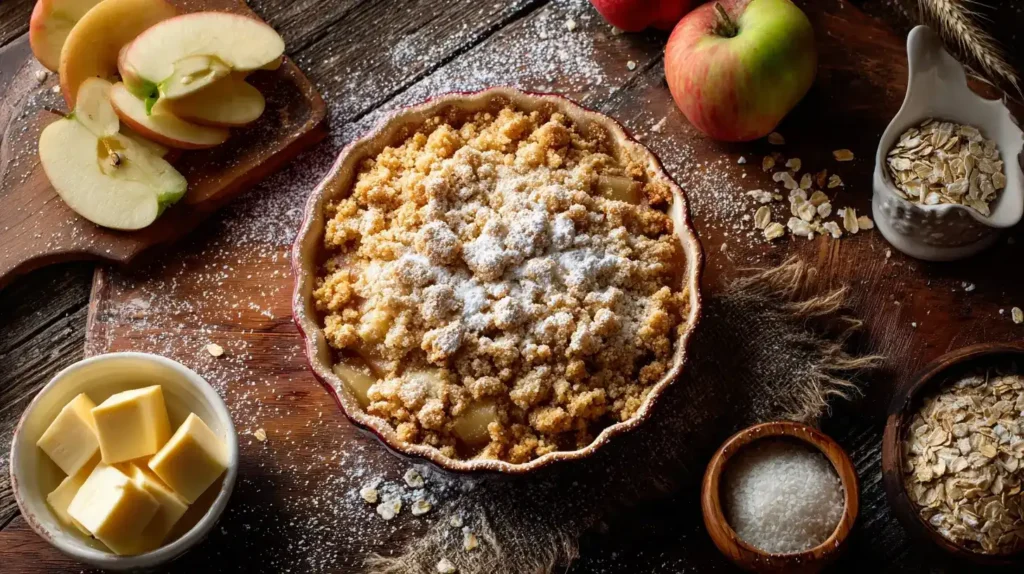Apple Crumble mit Äpfeln, Butter und Haferflocken als Zutaten rundherum
